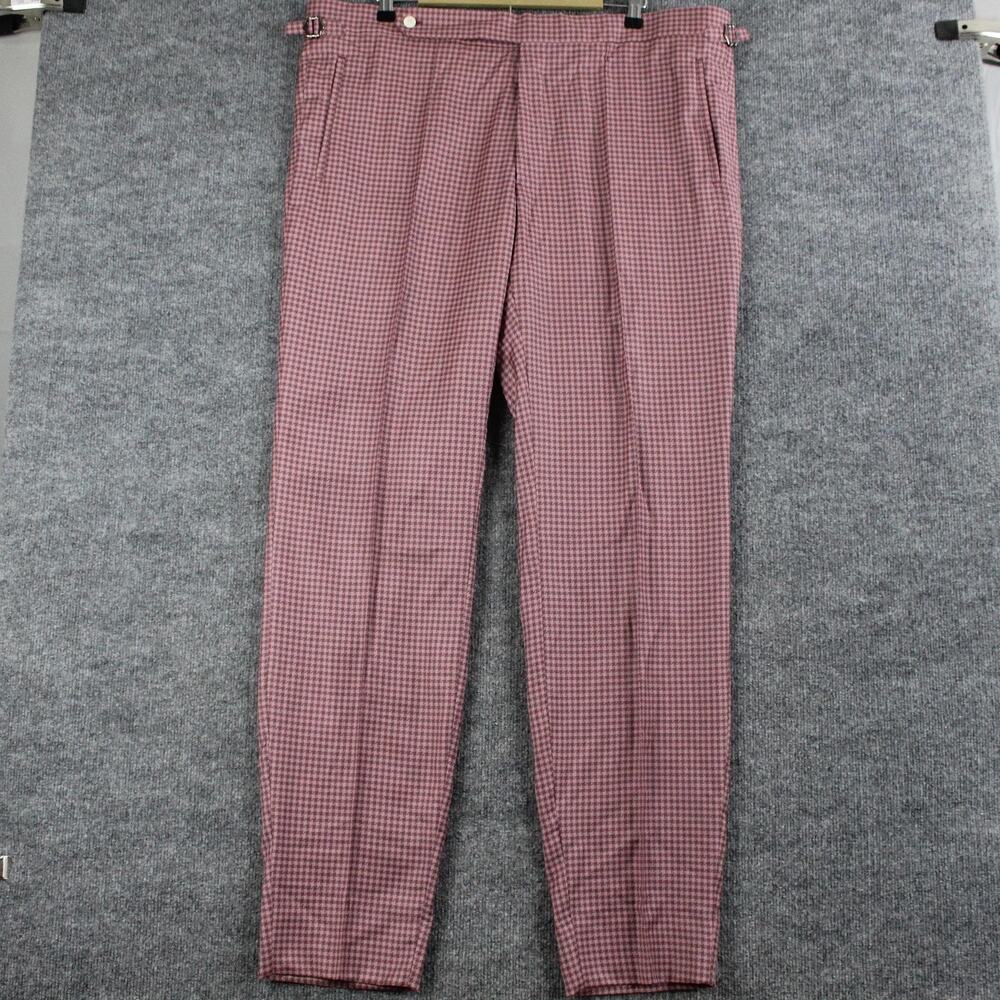 Frere Pant Men 43 Trouser Pink Check Wool Pleated Side Adjusters Luxury Retro
